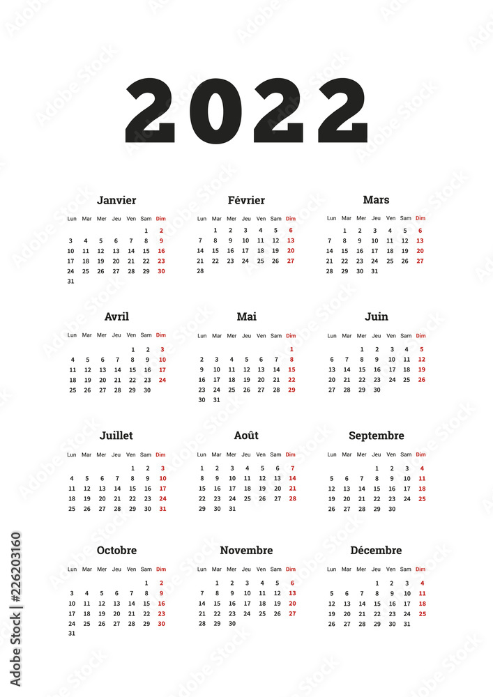 2022 year simple calendar on french language, A4 size vertical sheet isolated on white 2022 year simple calendar on french language, A4 size vertical sheet isolated on white