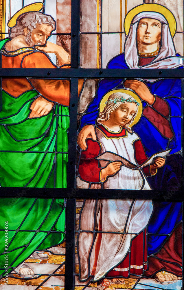 Stained glass window of the Holy Family Stock Photo | Adobe Stock