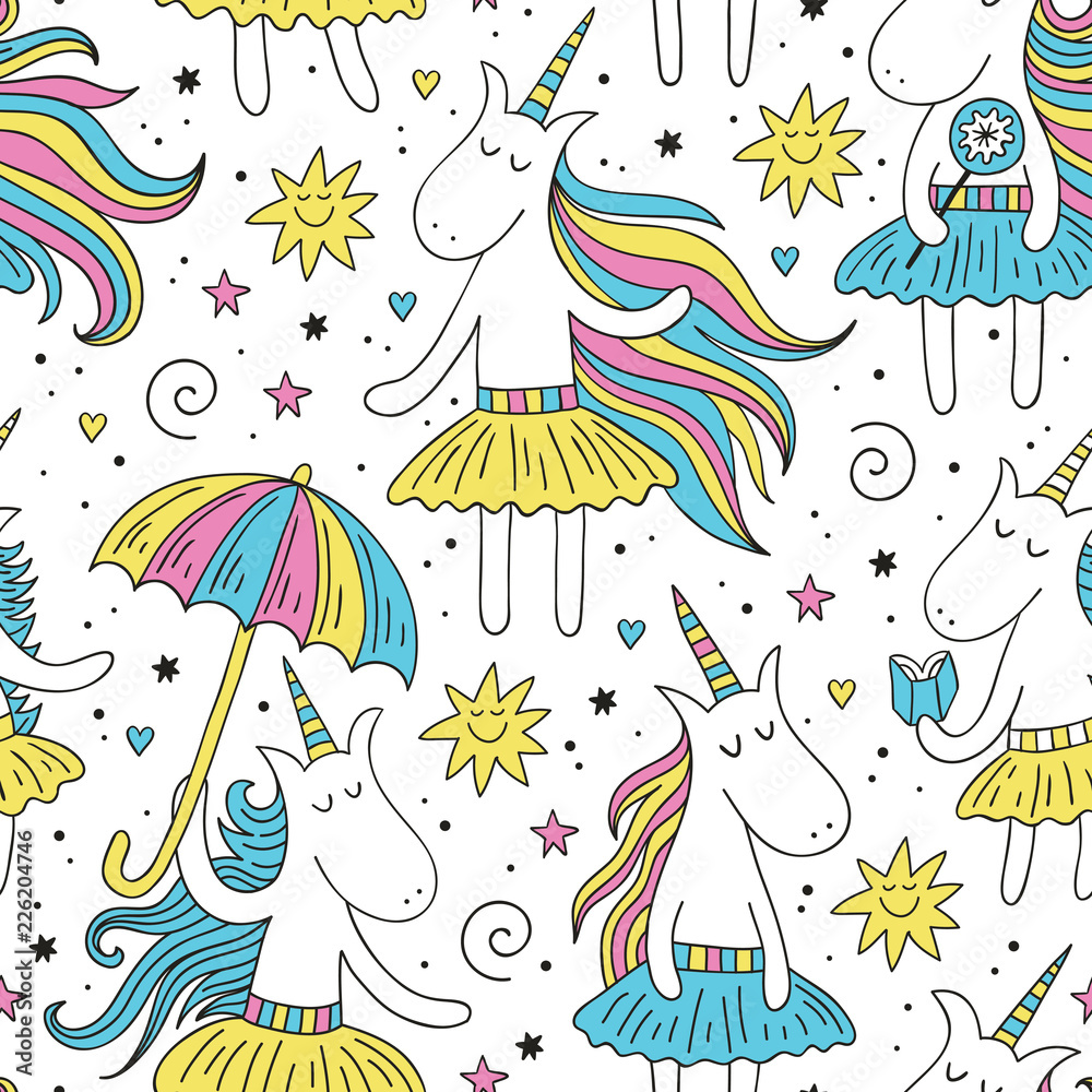 Doodle unicorn seamless pattern.
