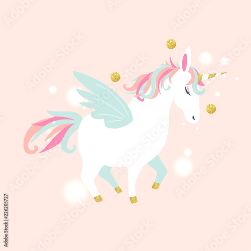 White unicorn vector head with mane and horn on starry background.