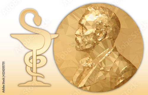 Nobel Chemistry award, gold polygonal medal and chemist cup symbol