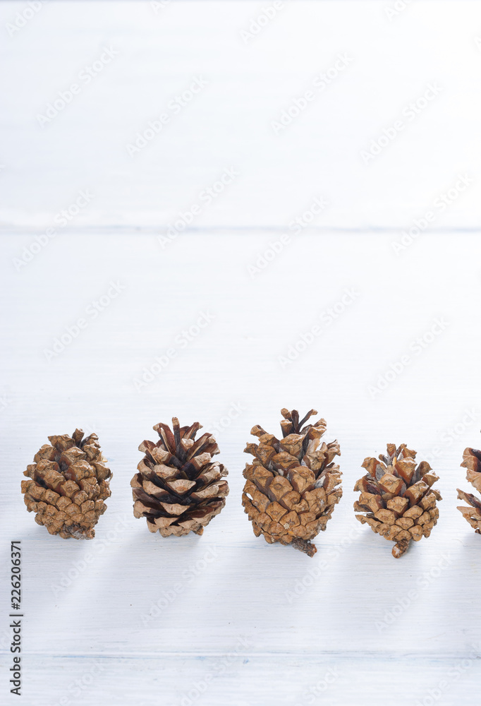 pine cones on white wood table, purity Christmas decoration