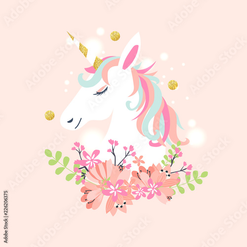 White unicorn vector head with mane and horn on starry background.