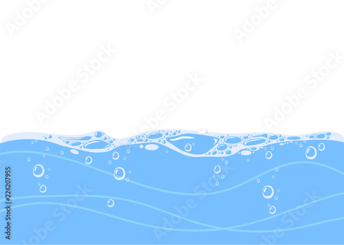 Blue water wave and bubbles to clean drinking water. Vector illustration.