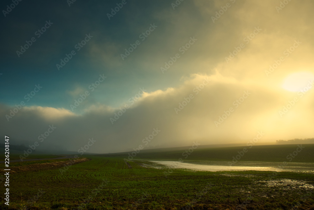 Obraz premium Morgennebel über Feldern