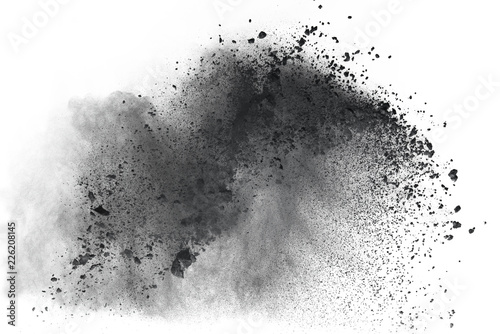 Black dust splash explosion isolated on white background
