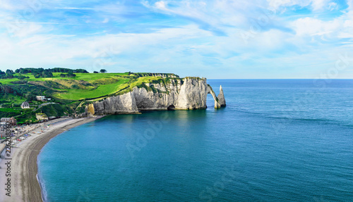 panoramic aerial view of cliffs Aval and Needle of Etretat and beautiful famous coastline. Normandy, France