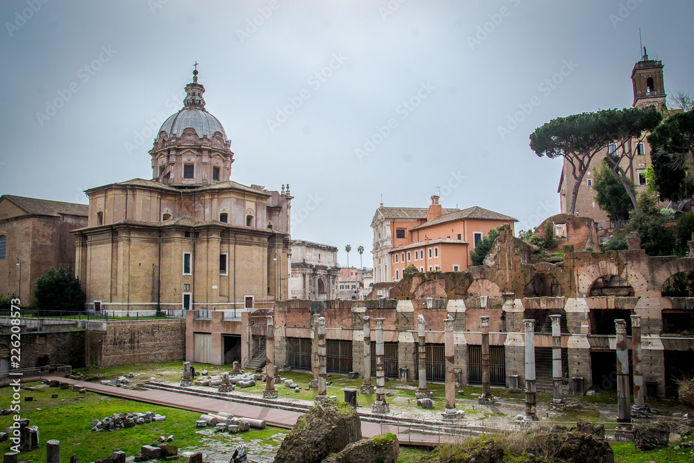 Ruins and columns of Roman Forum  in Rome, Italy