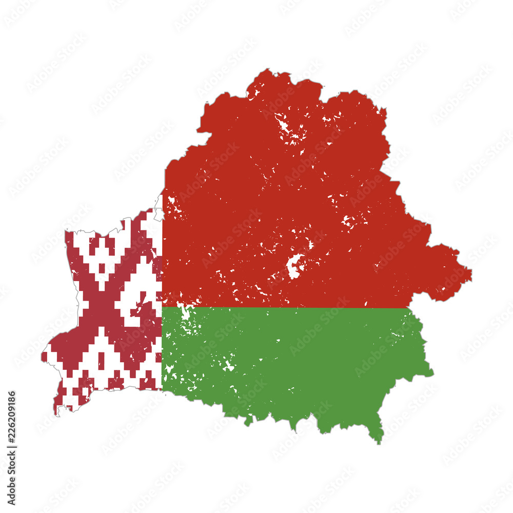 Belarus country silhouette with flag on background, isolated on white