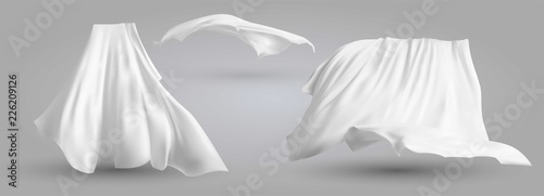 Set of realistic fluttering white cloths, soft lightweight clear material isolated on gray background vector illustration