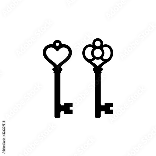 Vintage antique key design set. Retro keys black vector silhouette set.