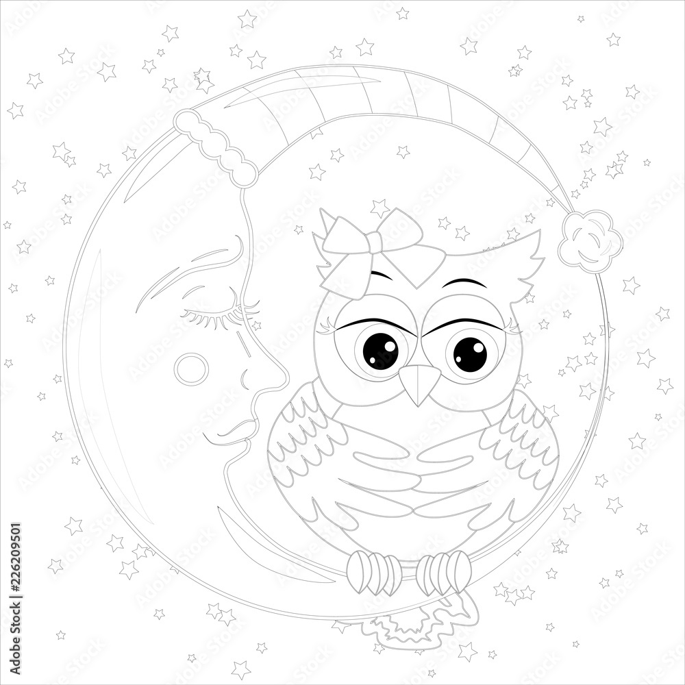 Cute owl on half moon with stars. Adult anti stress coloring book or tattoo boho style. Cute owl on half moon with stars. Adult anti stress coloring book or tattoo boho style.