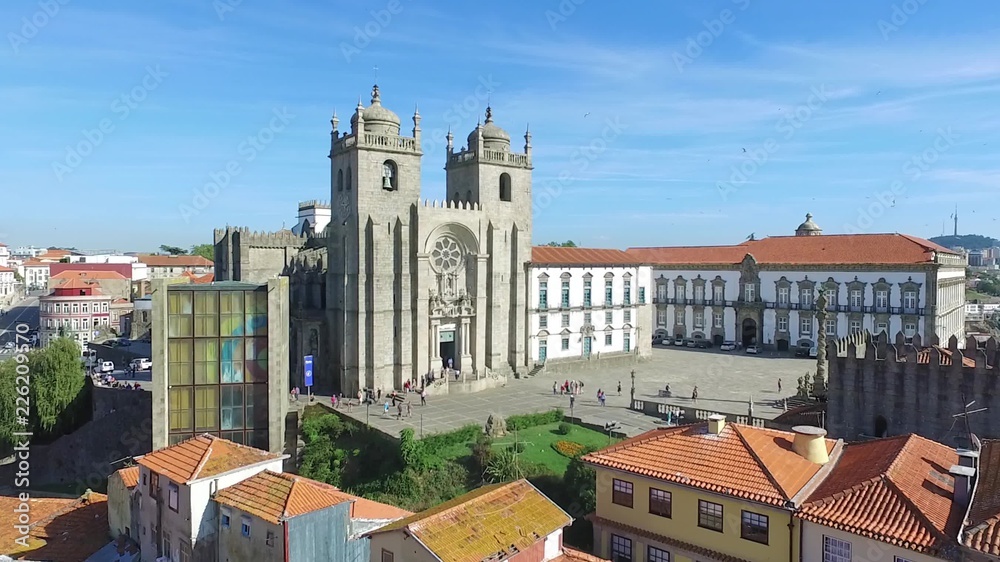 Aerial motion video view of Ribeira - the old town of Porto, Portugal. 2016 09