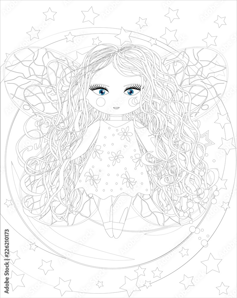 cute fairy girl on moon.Sketch, postcard, print, coloring adult anti stress  book. Boho zen art style doodle. Stock Vector | Adobe Stock