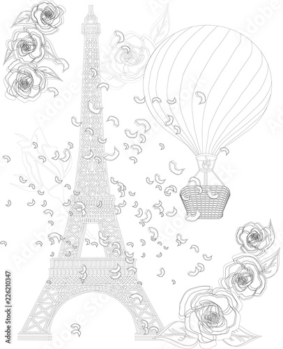 Zen art stylized Eiffel tower. Sketch  poster  children or adult coloring pages. France collection.Boho style