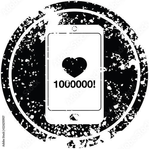 mobile phone showing 1000000 likes circular distressed symbol
