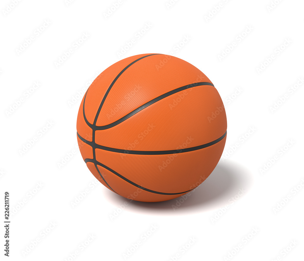 3d rendering of an orange basketball with black stripes standing on a white background.