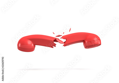 3d rendering of a red retro phone receiver broken in half on a white background. photo