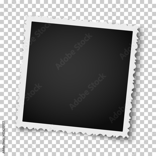Retro realistic square photo frame with figured edges isolated on transparent background. Vector photo mockup.