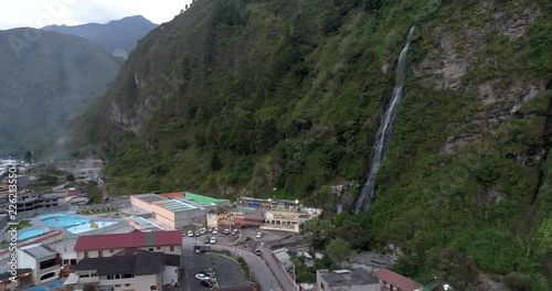 Banos, Ecuador / September 25, 2018 -  Drone Rotate 360 Around Banos, Starting at Casacada de la Virgen Waterfall.mov