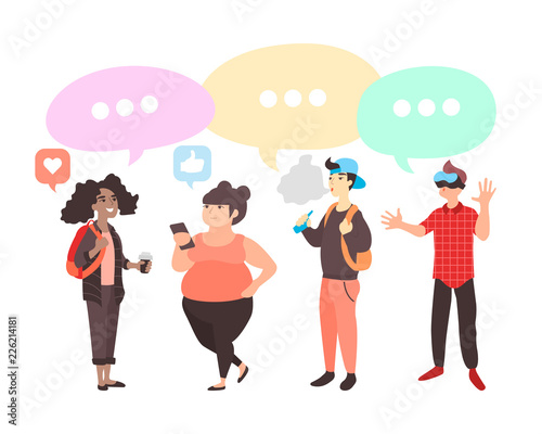 Vector set of teenagers with gadgets. Flat students with dialogue speech bubbles. Teens with different interests discuss social network