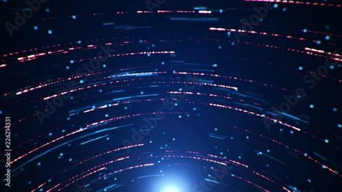 Animation of fast flow from stripes and squares, as data transfer, on technological background. Animation of seamless loop.