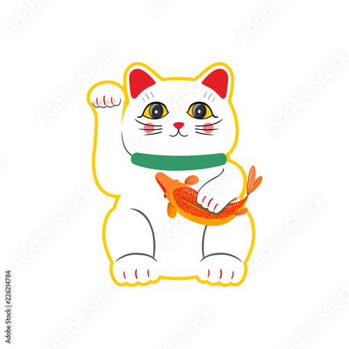 Vector flat style Japanese Lucky Cat Maneki Neko. Isolated on white background.