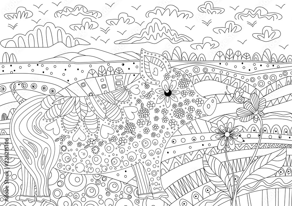 fancy landscape with floral pig for your coloring book