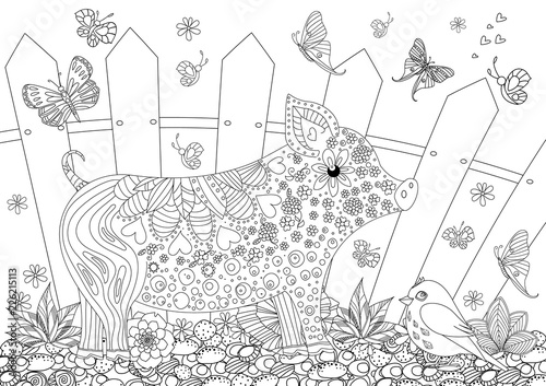 floral pig and bird for your coloring page