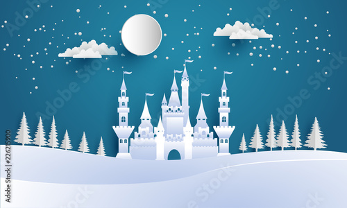 Castles and snow in the winter. Illustration of the beauty of the castle with the concept of paper art