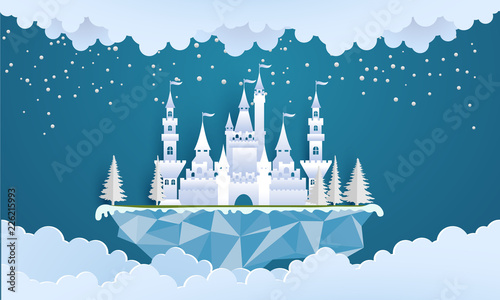 Castles and snow in the winter. Illustration of the beauty of the castle with the concept of paper art