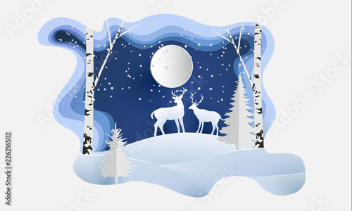 vector illustration of the snow forest and the deer. beautiful winter with paper art style