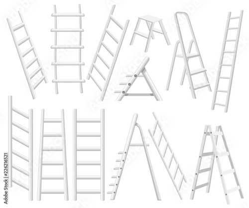 Collection of metal ladders. Different types of stepladders. Flat vector illustration isolated on white background