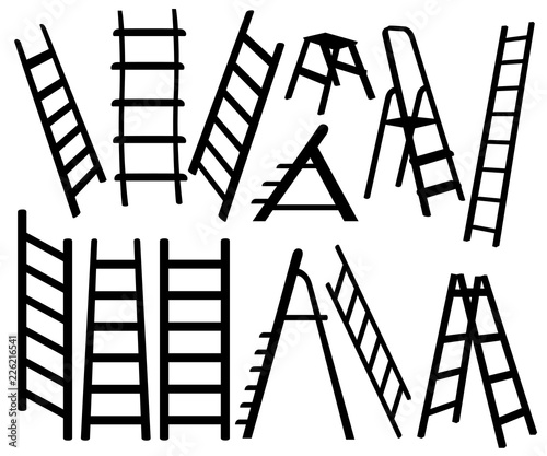 Black silhouette. Collection of metal ladders. Different types of stepladders. Flat vector illustration isolated on white background photo
