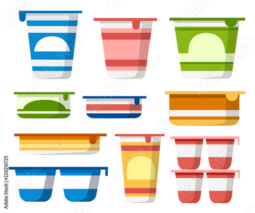 Set of yogurt containers. Colored template packaging for yogurt and mousse. Plastic pot. Flat vector illustration isolated on white background