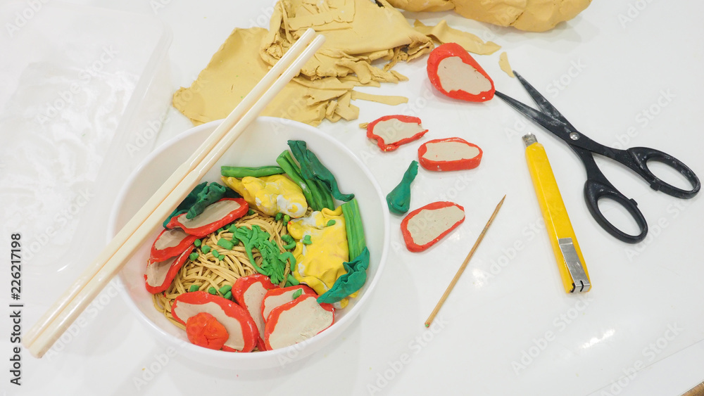 Egg noodle with dumpling and pork red sauce are molding clay has equipment of creativity activity hobbies Egg noodle with dumpling and pork red sauce are molding clay has equipment of creativity activity hobbies