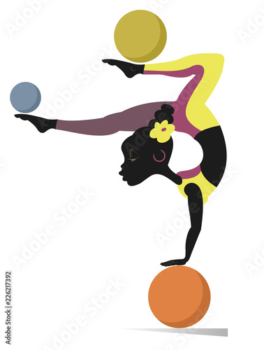 Cartoon African woman do exercises with the balls vector illustration. Young African woman standing legs up on the ball and doing exercises with the balls by legs isolated on white illustration
