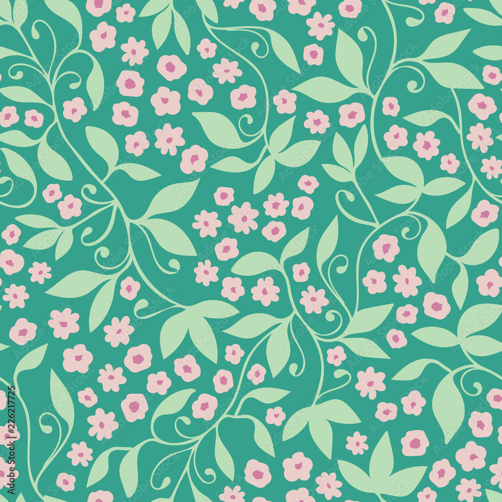 Green pink floral tendril seamless vector pattern background