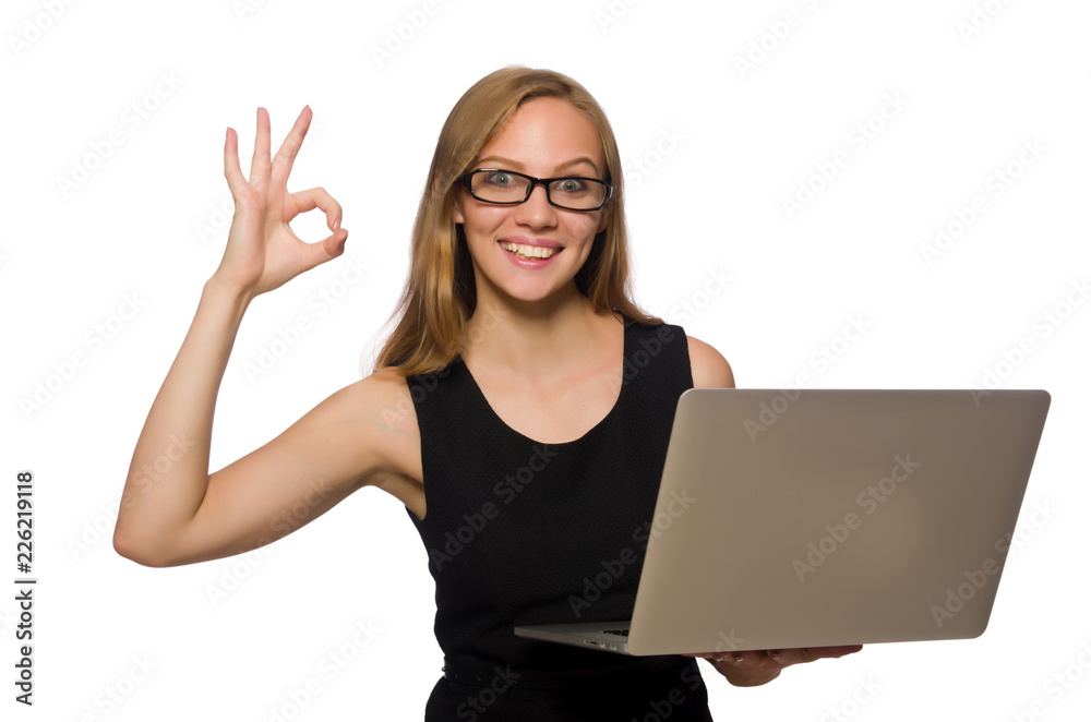 Woman with laptop isolated on white Woman with laptop isolated on white