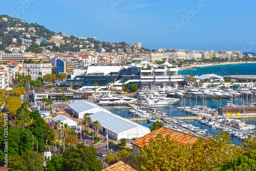 View of the Palace of Festivals and the yacht port in Cannes, Cote d'Azur, France