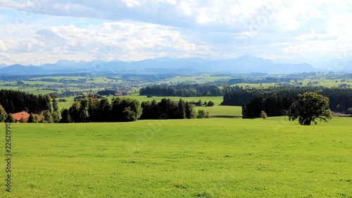 Weites Landschaftspanorama im Alpenvorland, Berge im Hintergrund, Allgäu photo