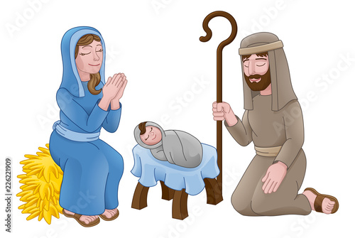A Christmas nativity scene cartoon, with baby Jesus, Mary and Joseph in the manger. 