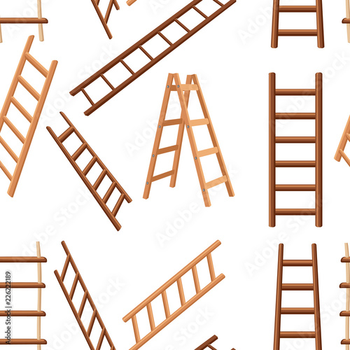 Seamless pattern. Collection of wooden ladders. Different types of stepladders. Flat vector illustration on white background