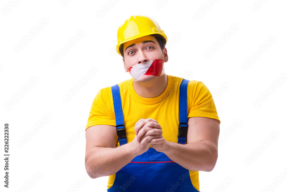 Funny worker wearing coveralls with tape Funny worker wearing coveralls with tape