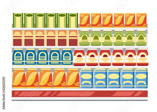 Supermarket shelves with products. Paper boxes with food. Flat vector illustration isolated on white background