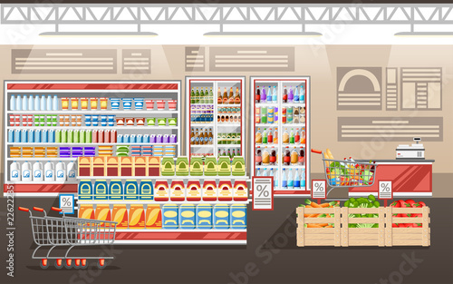 Supermarket illustration. Store interior with goods. Big shopping mall. Shelves, fridge, and carts. Wooden boxes with vegetables. Cash register. Vector illustration