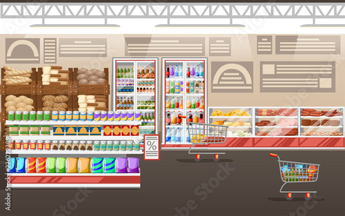 Supermarket illustration. Store interior with goods. Big shopping mall. Shelves, fridge, and carts. Fridge with cheese and meat. Vector illustration © An-Maler
