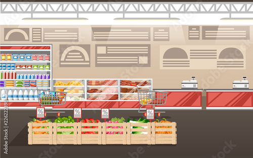 Supermarket illustration. Store interior with goods. Big shopping mall. Shelves, fridge, and carts. Wooden boxes with vegetables. Cash register. Vector illustration