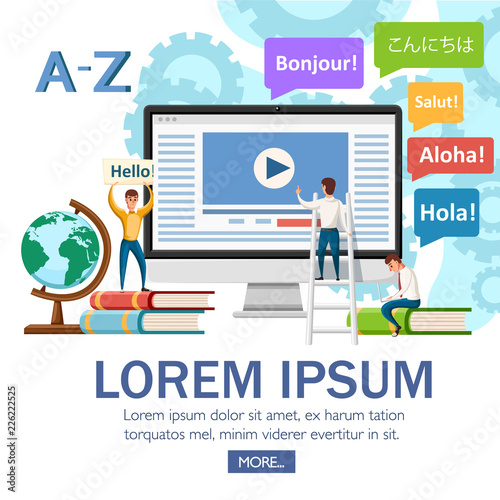 Language school concept banner. Monitor, books, and humans. Online education concept. Flat vector illustration on white background. Website page and mobile app design
