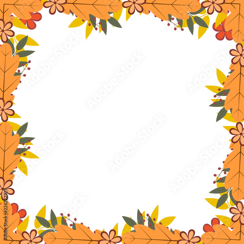 Border of colorful autumn leaves and berries. Fall theme vector illustration. Thanksgiving day greeting card or invitation.